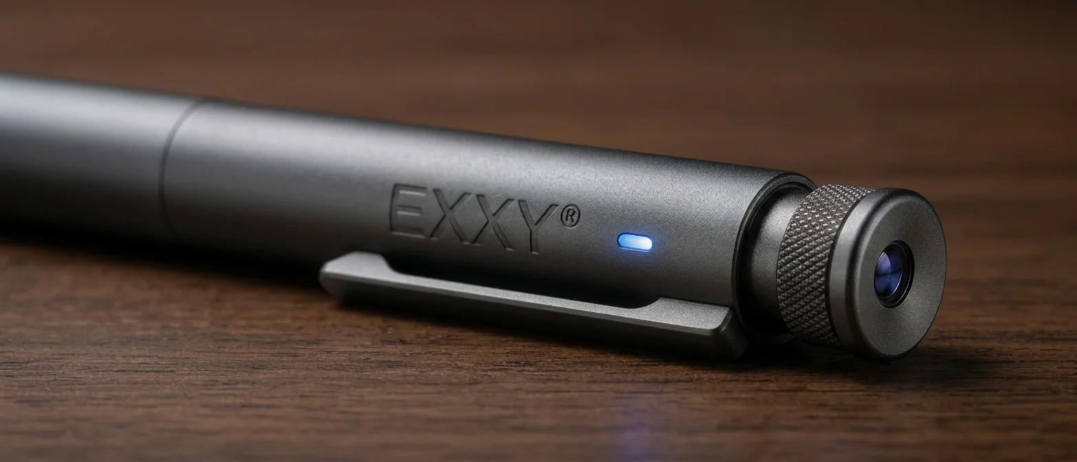Cận cảnh đầu bấm EXXY Smart Pen với camera hồng ngoại và đèn báo trạng thái